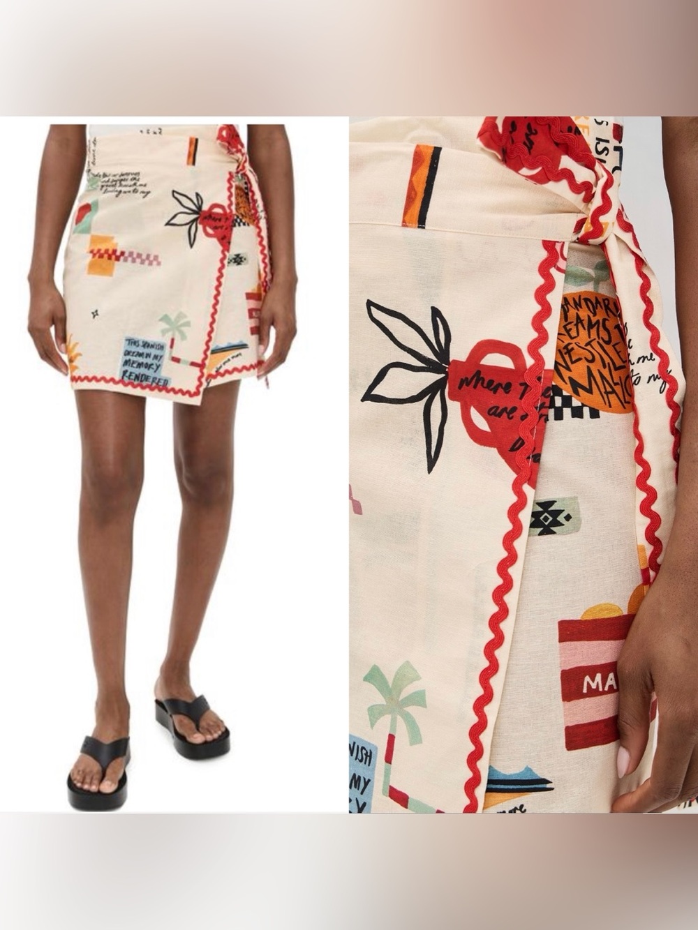 Never Fully Dressed Poema Mini Wrap Skirt with Red Trim and Multicolor Print
